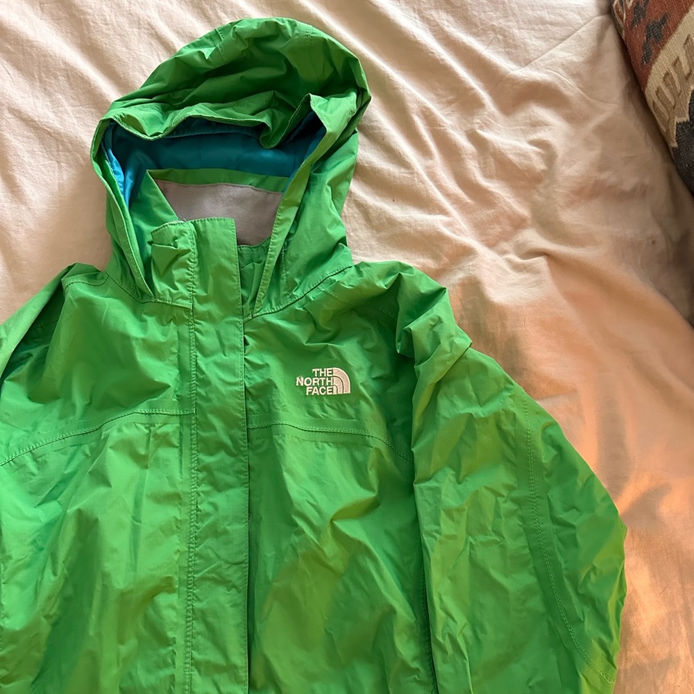 North Face kids like green rain jacket size large